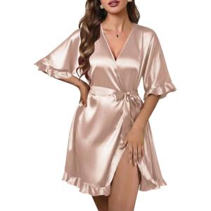 image:imageEkouaer Silk Robes for Women Short Lightweight Bathrobe Ruffled Satin Kimono Robes Sexy Bride Bridesmaid SleepwearChampagne