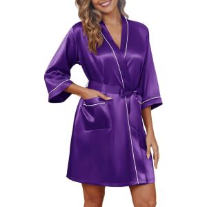 image:imageEkouaer Silky Robes for Women Satin Knee Length Bride Bridesmaid Wedding Party Bathrobe Lightweight Sleepwear with PocketsDeep Purple