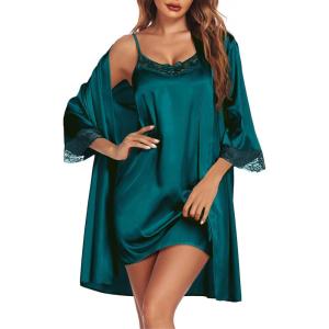 image:imageEkouaer Sleepwear Womens Satin Nightgown with Robes Set 2 Piece Sexy Lace Cami NightwearDark Green