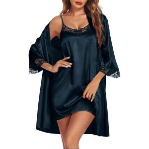 image:imageEkouaer Sleepwear Womens Satin Nightgown with Robes Set 2 Piece Sexy Lace Cami NightwearDeep Blue