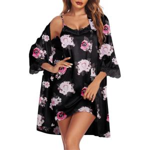 image:imageEkouaer Sleepwear Womens Satin Nightgown with Robes Set 2 Piece Sexy Lace Cami NightwearFloral White Black
