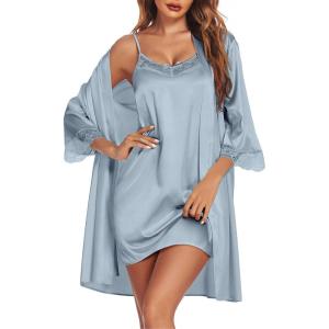 image:imageEkouaer Sleepwear Womens Satin Nightgown with Robes Set 2 Piece Sexy Lace Cami NightwearLight Blue