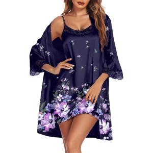 image:imageEkouaer Sleepwear Womens Satin Nightgown with Robes Set 2 Piece Sexy Lace Cami NightwearPurple Floral