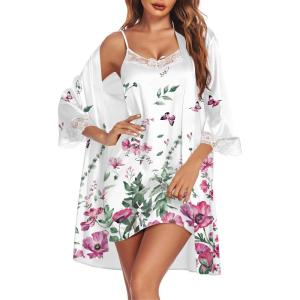 image:imageEkouaer Sleepwear Womens Satin Nightgown with Robes Set 2 Piece Sexy Lace Cami NightwearWhite Floral