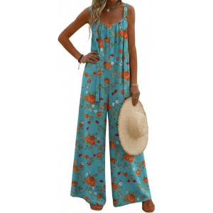image:imageEkouaer Womens Casual Overalls Boho Floral Loose Wide Leg Jumpsuits Summer Pleated Outfits with PocketsLake Blue Floral