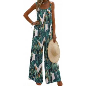 image:imageEkouaer Womens Casual Overalls Boho Floral Loose Wide Leg Jumpsuits Summer Pleated Outfits with PocketsNavy Leaves