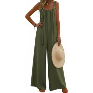 image:imageEkouaer Womens Casual Overalls Boho Floral Loose Wide Leg Jumpsuits Summer Pleated Outfits with PocketsOlive Green