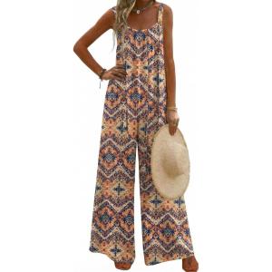 image:imageEkouaer Womens Casual Overalls Boho Floral Loose Wide Leg Jumpsuits Summer Pleated Outfits with PocketsOrange Bohemian