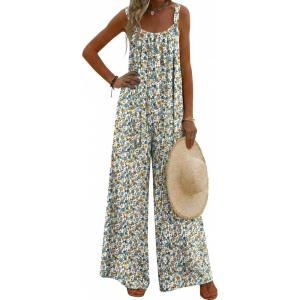 image:imageEkouaer Womens Casual Overalls Boho Floral Loose Wide Leg Jumpsuits Summer Pleated Outfits with PocketsWhite Mini Floral