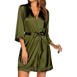 image:imageEkouaer Womens LaceTrim Silk Robes Bride Bridesmaid Kimono Satin Bathrobe V Neck Sleepwear with 34 SleeveArmy Green