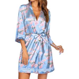 image:imageEkouaer Womens LaceTrim Silk Robes Bride Bridesmaid Kimono Satin Bathrobe V Neck Sleepwear with 34 SleeveBlue Pink Floral