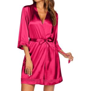 image:imageEkouaer Womens LaceTrim Silk Robes Bride Bridesmaid Kimono Satin Bathrobe V Neck Sleepwear with 34 SleeveCherry Red
