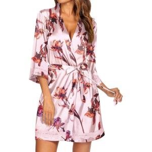 image:imageEkouaer Womens LaceTrim Silk Robes Bride Bridesmaid Kimono Satin Bathrobe V Neck Sleepwear with 34 SleeveFloral Light Pink