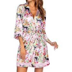 image:imageEkouaer Womens LaceTrim Silk Robes Bride Bridesmaid Kimono Satin Bathrobe V Neck Sleepwear with 34 SleevePink Tiger