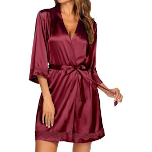 image:imageEkouaer Womens LaceTrim Silk Robes Bride Bridesmaid Kimono Satin Bathrobe V Neck Sleepwear with 34 SleeveWine Red