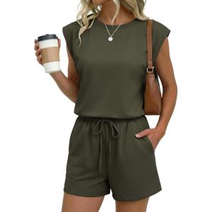 image:imageEkouaer Womens Romper with Pockets Summer Short Jumpsuit Casual Cap Sleeve Drawstring One Piece Lounge Vacation Beach OutfitArmy Green