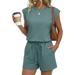 image:imageEkouaer Womens Romper with Pockets Summer Short Jumpsuit Casual Cap Sleeve Drawstring One Piece Lounge Vacation Beach OutfitGreen