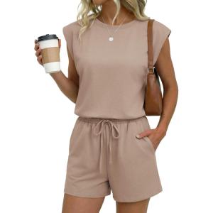 image:imageEkouaer Womens Romper with Pockets Summer Short Jumpsuit Casual Cap Sleeve Drawstring One Piece Lounge Vacation Beach OutfitKhaki