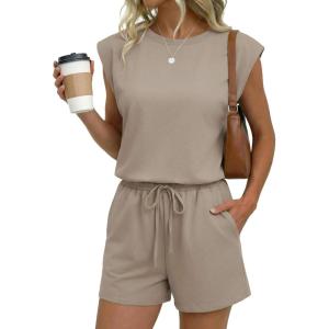 image:imageEkouaer Womens Romper with Pockets Summer Short Jumpsuit Casual Cap Sleeve Drawstring One Piece Lounge Vacation Beach OutfitStone