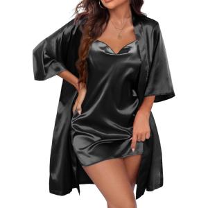 image:imageEkouaer Womens Satin Robe Set Nightgown with Robes Silk Pajama Set 2 Pieces Lingerie Cowl Neck Cami Sleepwear SetsBlack