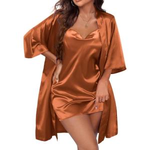image:imageEkouaer Womens Satin Robe Set Nightgown with Robes Silk Pajama Set 2 Pieces Lingerie Cowl Neck Cami Sleepwear SetsBrown