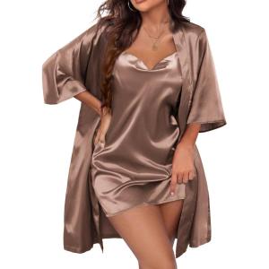 image:imageEkouaer Womens Satin Robe Set Nightgown with Robes Silk Pajama Set 2 Pieces Lingerie Cowl Neck Cami Sleepwear SetsCoffee