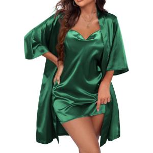 image:imageEkouaer Womens Satin Robe Set Nightgown with Robes Silk Pajama Set 2 Pieces Lingerie Cowl Neck Cami Sleepwear SetsDark Green