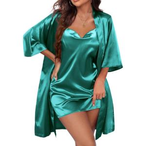 image:imageEkouaer Womens Satin Robe Set Nightgown with Robes Silk Pajama Set 2 Pieces Lingerie Cowl Neck Cami Sleepwear SetsGreen