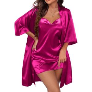 image:imageEkouaer Womens Satin Robe Set Nightgown with Robes Silk Pajama Set 2 Pieces Lingerie Cowl Neck Cami Sleepwear SetsHot Pink