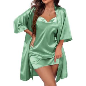 image:imageEkouaer Womens Satin Robe Set Nightgown with Robes Silk Pajama Set 2 Pieces Lingerie Cowl Neck Cami Sleepwear SetsLight Green