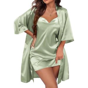 image:imageEkouaer Womens Satin Robe Set Nightgown with Robes Silk Pajama Set 2 Pieces Lingerie Cowl Neck Cami Sleepwear SetsMint Green