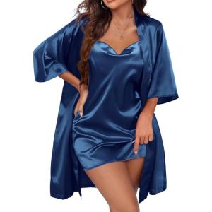 image:imageEkouaer Womens Satin Robe Set Nightgown with Robes Silk Pajama Set 2 Pieces Lingerie Cowl Neck Cami Sleepwear SetsNavy Blue