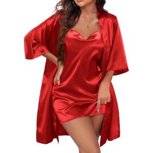 image:imageEkouaer Womens Satin Robe Set Nightgown with Robes Silk Pajama Set 2 Pieces Lingerie Cowl Neck Cami Sleepwear SetsRed