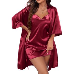 image:imageEkouaer Womens Satin Robe Set Nightgown with Robes Silk Pajama Set 2 Pieces Lingerie Cowl Neck Cami Sleepwear SetsWine Red