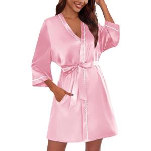image:imageEkouaer Womens Satin Robe Short Bridesmaid Bride Feather Bridal Robe Kimono Silky Long Sleeve Bathrobe SXXLBdark Pink