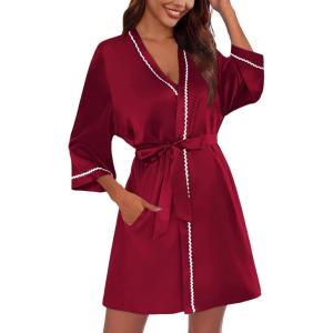 image:imageEkouaer Womens Satin Robe Short Bridesmaid Bride Feather Bridal Robe Kimono Silky Long Sleeve Bathrobe SXXLBwine Red