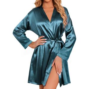 image:imageEkouaer Womens Satin Robe Short Bridesmaid Bride Feather Bridal Robe Kimono Silky Long Sleeve Bathrobe SXXLLake Green
