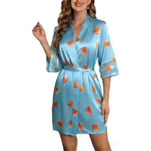 image:imageEkouaer Womens Satin Robe Silk Kimono Bathrobe Bridesmaid Wedding Bridal Party Robes 34 Bell Sleeve Sleepwear SXXLLight Blue  Juice