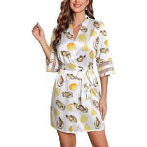 image:imageEkouaer Womens Satin Robe Silk Kimono Bathrobe Bridesmaid Wedding Bridal Party Robes 34 Bell Sleeve Sleepwear SXXLOyster Lemon