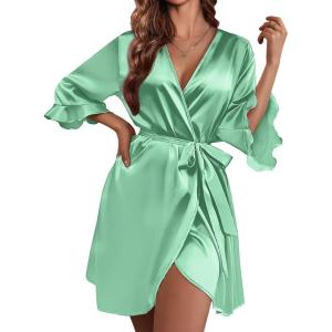 image:imageEkouaer Womens Satin Robe Valentines Lingerie for Women Kimono Bathrobe Short Ruffle Belted Robes Bridesmaids SleepwearIce Green