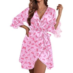 image:imageEkouaer Womens Satin Robe Valentines Lingerie for Women Kimono Bathrobe Short Ruffle Belted Robes Bridesmaids SleepwearPink Bow