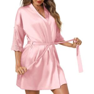 image:imageEkouaer Womens Satin Robes Sexy Lace Cami Nightwear Silk Bridesmaid Lingerie Kimono 34 Sleeve SleepwearPink