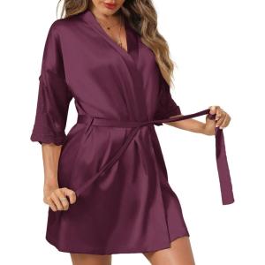 image:imageEkouaer Womens Satin Robes Sexy Lace Cami Nightwear Silk Bridesmaid Lingerie Kimono 34 Sleeve SleepwearPlum Red