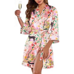 image:imageEkouaer Womens Satin Robes Silk Kimono Bath Robe Short Ruffled Hem Bride Bridesmaid Sleepwear with PocketsPink Tiger