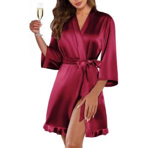 image:imageEkouaer Womens Satin Robes Silk Kimono Bath Robe Short Ruffled Hem Bride Bridesmaid Sleepwear with PocketsWine Red