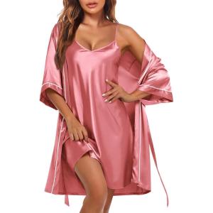 image:imageEkouaer Womens Silk Robe Set V Neck 2 Piece Satin Bathrobes 34 Sleeves Bridal Sleepwear Sexy Cami NightgownGray Purple