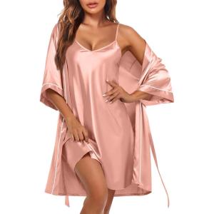 image:imageEkouaer Womens Silk Robe Set V Neck 2 Piece Satin Bathrobes 34 Sleeves Bridal Sleepwear Sexy Cami NightgownPastel Pink