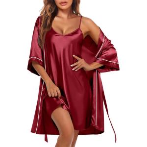 image:imageEkouaer Womens Silk Robe Set V Neck 2 Piece Satin Bathrobes 34 Sleeves Bridal Sleepwear Sexy Cami NightgownWine Red