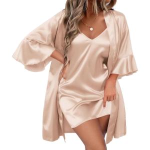 image:imageEkouaer Womens Silk Robe Set Vneck 2 Piece Bridal Party Robes and Satin Bathrobe Set with PocketsBeige