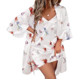 image:imageEkouaer Womens Silk Robe Set Vneck 2 Piece Bridal Party Robes and Satin Bathrobe Set with PocketsButterfly